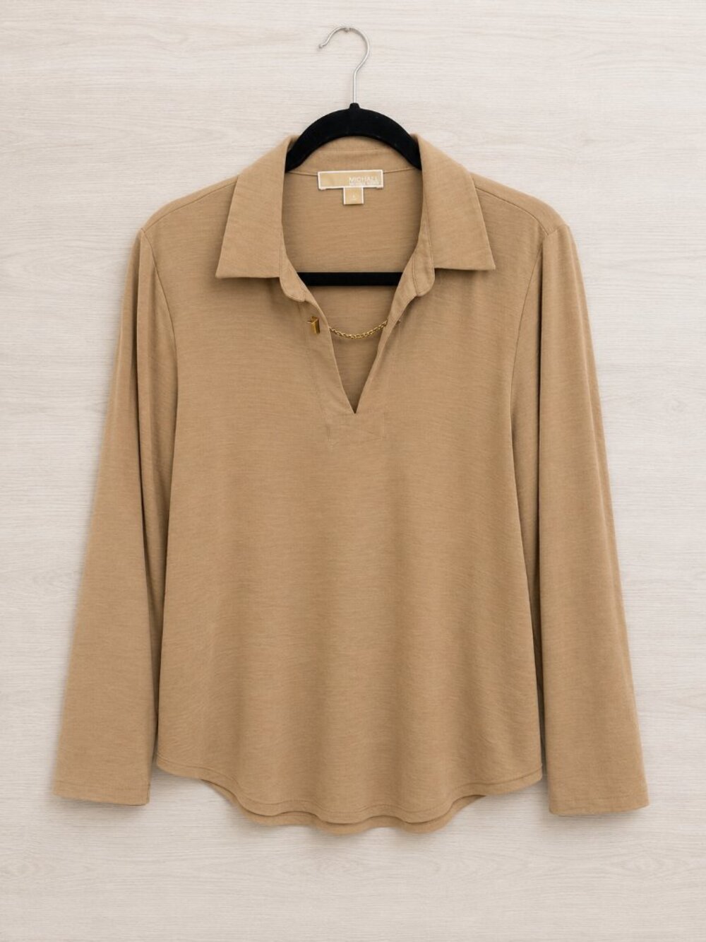 Michael Kors Tan Gold Chain V-Neck Long Sleeve Blouse Size Large